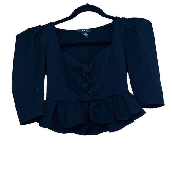 FOREVER 21 Black Corset Style Blouse W/ Shoulder Pads Size Medium - Picture 1 of 6